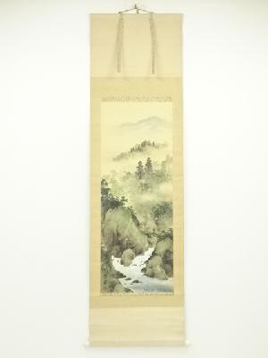 草唐筆　彩色山水　肉筆絹本掛軸